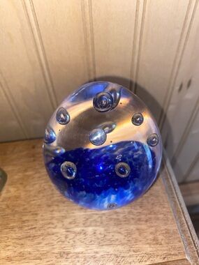 Blue Glass Paperweight with Bubble Design Handblown.